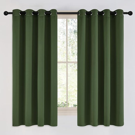 NICETOWN Dark Green Curtains for Bedroom, Grommet Blackout Window Treatments Faux Silk Room Darkening Thermal Window Treatments for Kids Room, 2 Panels, W52 x L63
