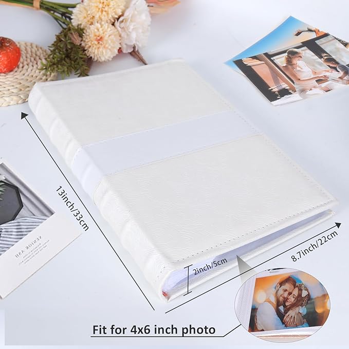 RECUTMS Photo Album with Writing Space 4x6 300 Pockets Photo Book,Leather Cover Picture Album with Memo Areas for Wedding Anniversary Family Baby Couple Valentines Graduation Travel (White)