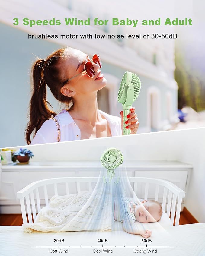 Stroller Fan Clip on for Baby, 4000mAh Rechargeable Battery Operated, Flexible Tripod, 3 Wind Speed, 360° Rotatable, Small Portable Fan for Car Seat Crib Golf Cart Beach Travel, Green