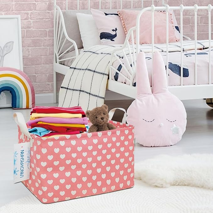 LANGYASHAN Rectangular Storage Bin Collapse Canvas Fabric Cartoon Storage Basket with Handles for Organizing Home Kitchen Boys and Girls Toys Office Closet Shelf Baskets (Rec pink heart)