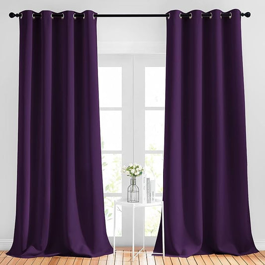NICETOWN Blackout Royal Purple Curtains 90 inch Length - Triple Weave Energy Saving Thermal Insulated Solid Grommet Blackout Draperies for Bedroom/Living Room (1 Pair, W52 x L90)
