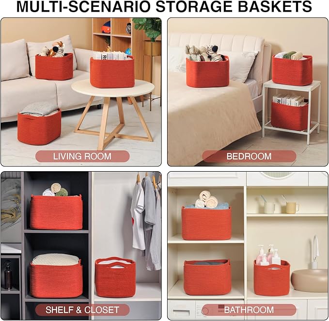 Storage Baskets for Organizing, Storage Basket for Shelves, Toy Towel Basket for Bathroom Nursery, Woven Cotton Rope Baskets for Decor, 15"x11"x9.5", 3 Packs, Brick Red
