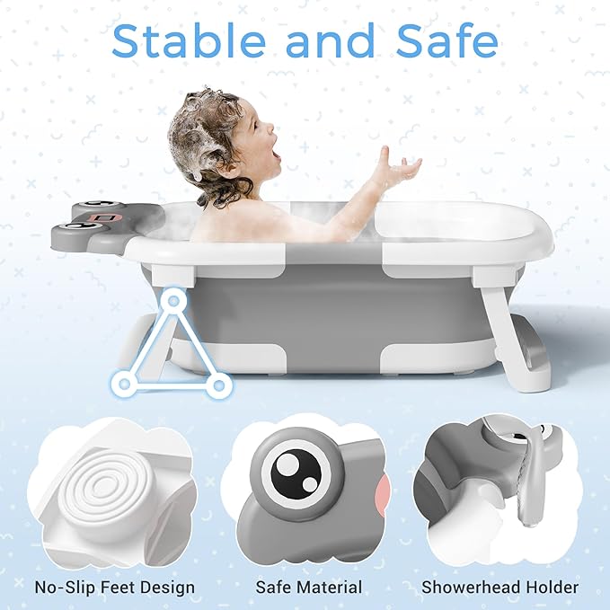 Baby Bathtub, Collapsible Newborn Bathtub for Infant to Toddler 0-24 Months with Soft Cushion and Thermometer,Portable Travel Newborn Tub with No-Slip Feet, Baby Shower Gifts,Grey