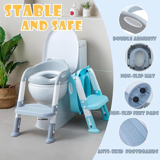 Potty Training Toilet Chair Seat with Step Stool Ladder for Kids and Toddler Boys Girls - Foldable Height Adjustable Children Toilet Training Seat with Safe Handles & Anti-Slip Pads, White-Grey