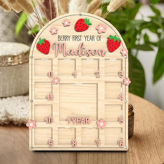 Personalized My First Year Photo Frame | 12 Months Picture Frame For Baby First Year | Displays One 4x4 Pics And Twelve 2x2 Pictures | Birthday Party Decor Newborn Memory Keepsake, Strawberry