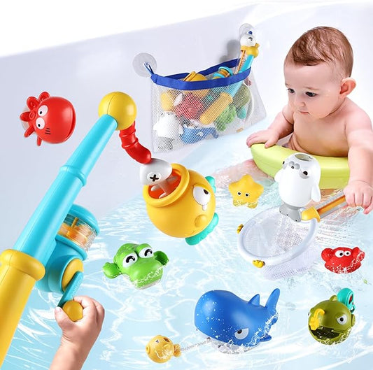 Bath Toys for Kids, Magnetic Fishing Toys with Storage Bag and Light up Star, Wind Up Creatures Baby Bathtub Birthday Gifts for Toddlers 2-4 Boys Girls, 11 Pcs Set