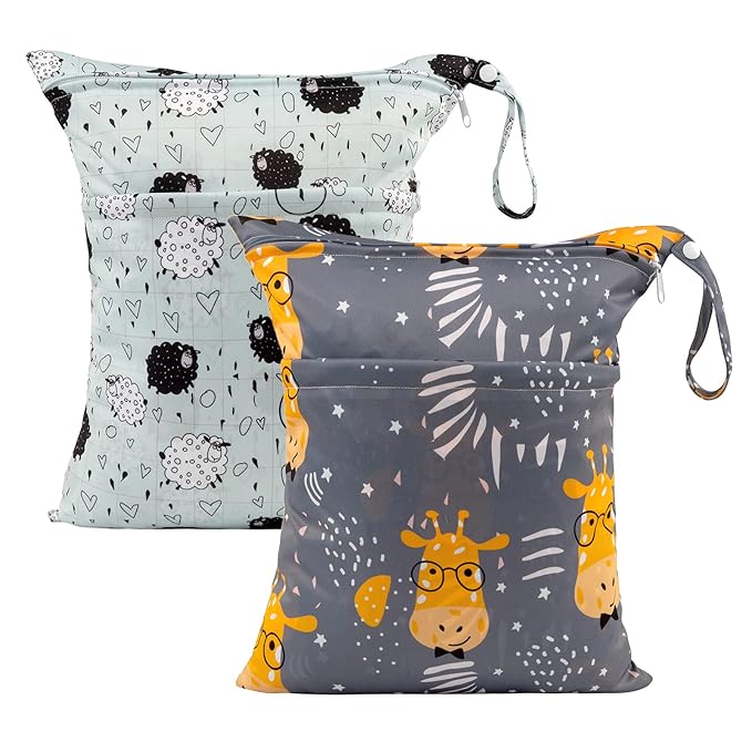 ALVABABY 2pcs Cloth Diaper Wet Dry Bags Waterproof Reusable with Two Zippered Pockets Travel Beach Pool Daycare Soiled Baby Items Yoga Gym Bag for Swimsuits or Wet Clothes LZ1920