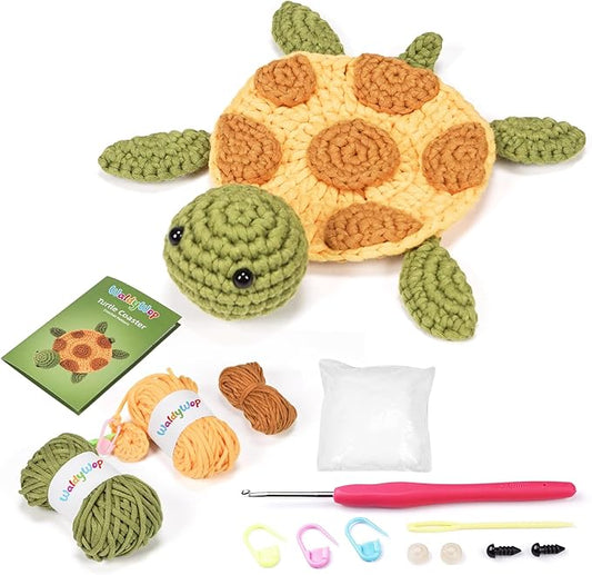 WaldyWop Crochet Kit for Beginners – Easy to Follow Tutorials, Ergonomic Hook & Tangle-Free Yarn, Complete DIY Craft Set for Girls 8-12 & Women, Stress Relief & Home Decor (Turtle Coaster)