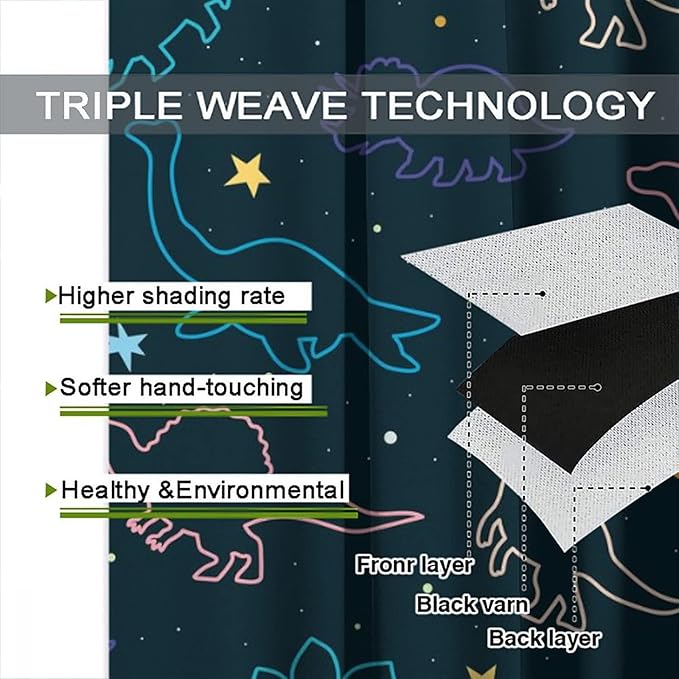 Cartoon Colorful Dinosaur Curtains for Kids Boys Girls Home Decor, Astronaut Funny Outer Space Star Blackout Rod Pocket Window Drapes for Bedroom Living Room W26xL84in 2 Panels