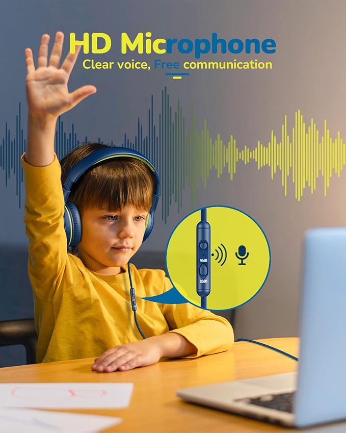 Kids Headphones Wired Toddler Headphones with Microphone, Over-Ear Headphones, 85/94dB Volume-Limiting, 3.5mm Jack, Foldable On-Ear Design (Bluegreen+Pink)