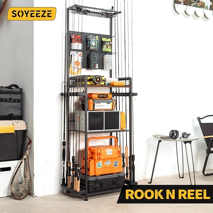 SOYEEZE Fishing Rod Holders for Garage,Fishing Gear Holder for Fishing Rod Tackle Box Storage，Fishing Pole Holders for 12 Rods with Hooks and Pegboard,Fishing Cart with Reel Rack