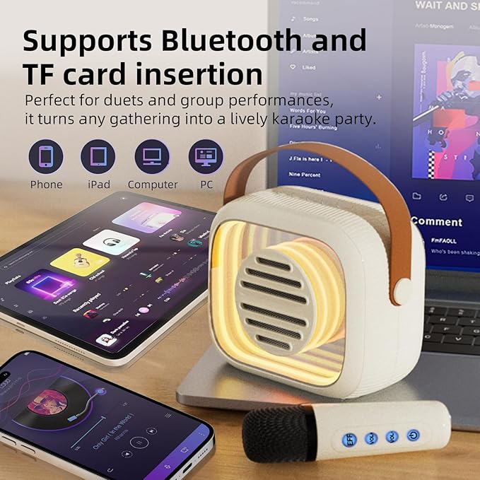 YF93 Mini Karaoke Machine for Kids with Bluetooth Speaker, 7 Voice-Changing Modes, Colorful LED Mirror Lights, TF Card Support, Rechargeable 2200mAh Battery, Portable Singing Gift for Children(Beige)