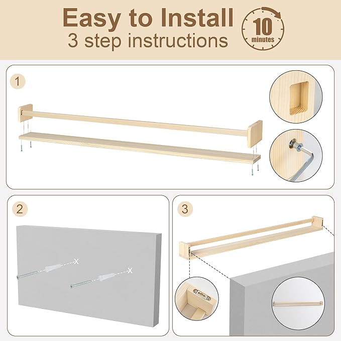 Fun Memories Nursery Book Shelves - Rustic Natural Solid Wood Floating Bookshelf for Kids - Wall Book Shelves for Kids Room (Natural, 48inch - 2P)