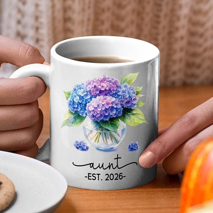 Personalized Year Name Aunt Coffee Mug Gift For Pregnancy Reveal Birthday, Customized Aunt EST 2026 Accent Cup, Hydrangea Auntie White Coffee Cup 11 15 Oz, Auntie to Be Mug Gift For Sister Besties