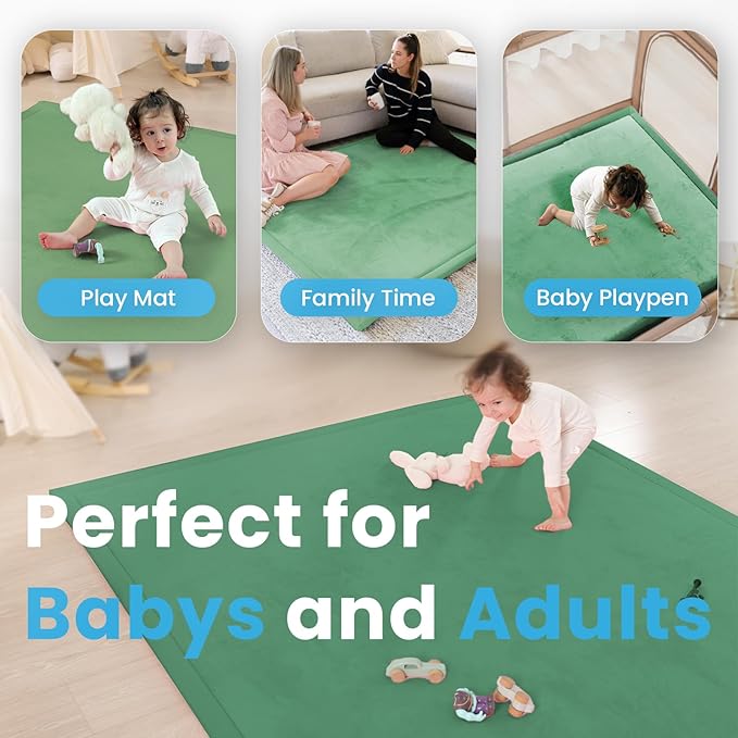 Ultra Soft Baby Play Mat,71"×79" Extra Large Activity Tummy Time Mat for Toddlers,Infants,Kids,1.3" Thick Elasti-Foam Nursery Rug for Floor,Non-Slip Safe for Crawling,Water-Repellent(Emerald)