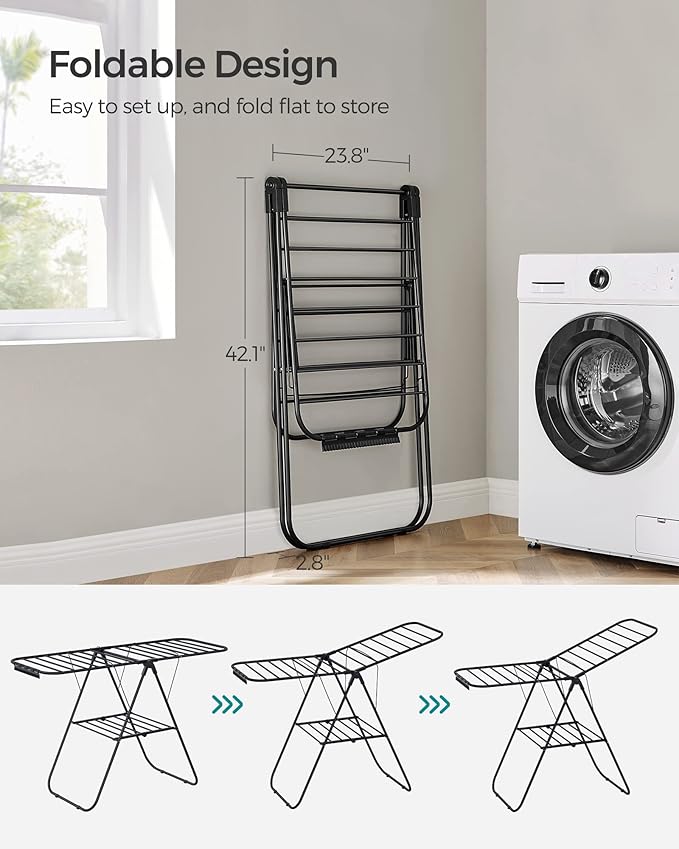 SONGMICS Clothes Drying Rack, with Sock Clips, Metal Laundry Rack, Foldable, Space-Saving, Free-Standing Airer, with 2 Height-Adjustable Gullwings, Indoor Outdoor Use, Black ULLR052B01