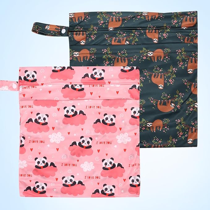 2pcs Cloth Diaper Wet Dry Bags, Waterproof Reusable Wet Bag with 2 Zipper Pockets & Handle, Washable Laundry Bags for Baby Adult Clothes Travel Beach Pool Daycare Yoga Gym Exercise Swimsuits,