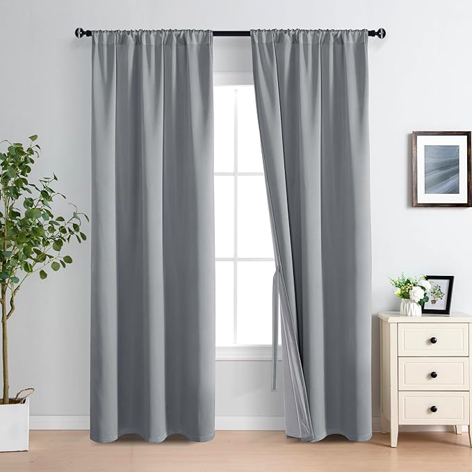 XWZO 100% Blackout Curtains 84 Inches Long with Tiebacks- Privacy Protection & Noise Blocking Window Draperies Rod Pocket with Black Liner for Bedroom/Living Room, Grey, W42 x L84, Set of 2