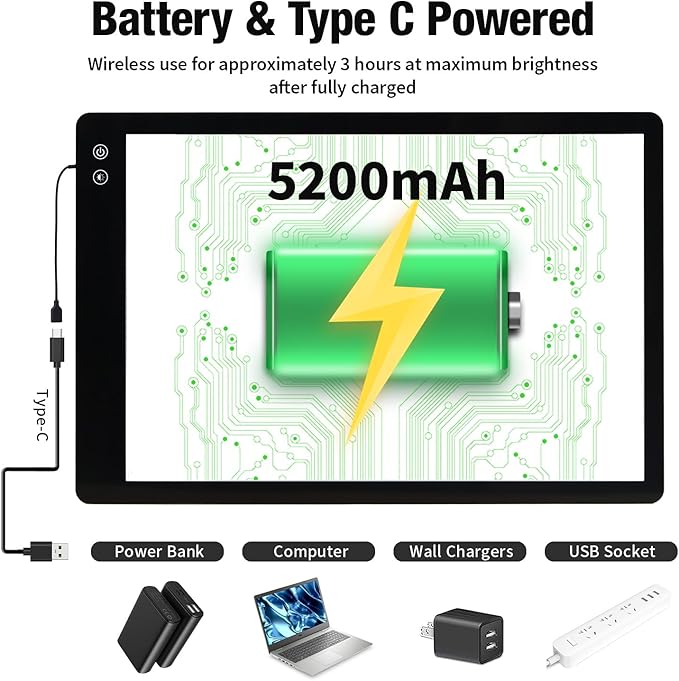 Zocelight Rechargeable A2 Light pad for Diamond Painting,A2 Light Board with 5200mAh Battery,6 Levels Dimming/3 Color temperatures 5500 Lux Super Bright Light Box for Drawing,Sketching,Animation