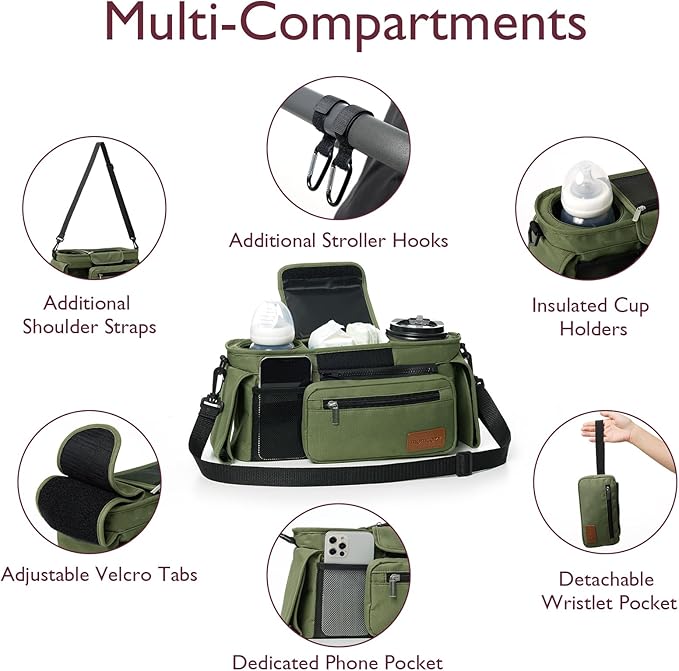 Momcozy Universal Stroller Organizer with Insulated Cup Holder Detachable Phone Bag & Shoulder Strap, Fits for Stroller like Uppababy, Baby Jogger, Britax, BOB, Umbrella and Pet Stroller