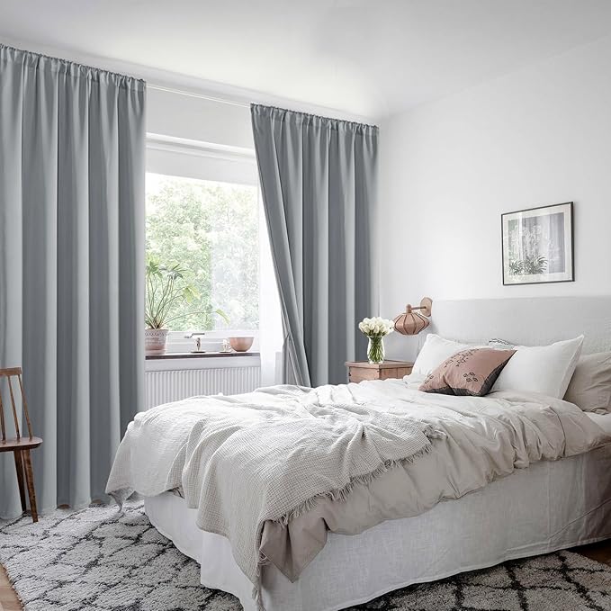 XWZO 100% Blackout Curtains with Tiebacks- 2 Thick Layers Completely Shaded Rod Pocket Window Treatment Thermal Insulated Lined Drapes for Bedroom/Laundry Room, Grey, W42 x L72, Set of 2