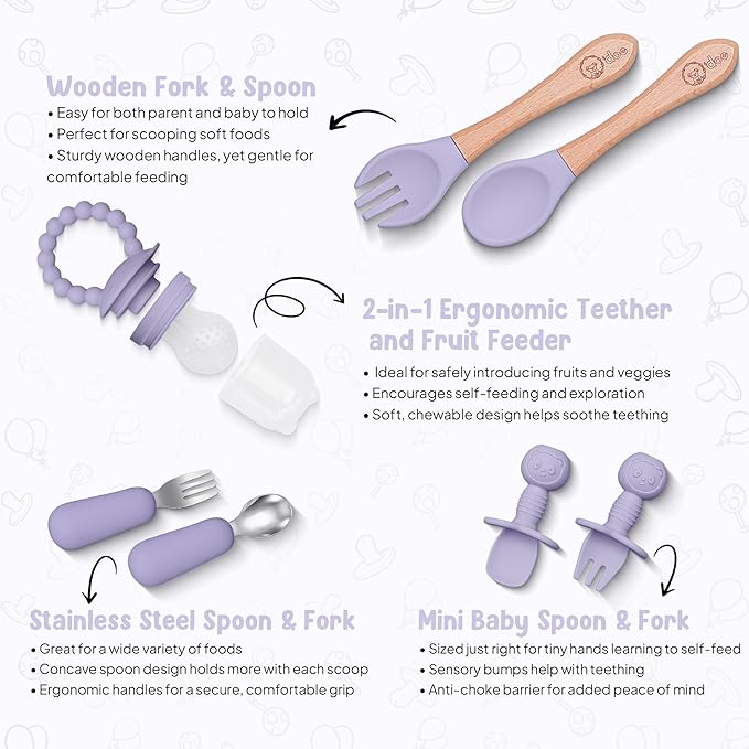 O'doe 17-Piece BPA-Free Silicone Baby Feeding Set | Thick & Soft Suction Plates, Baby Bowls, Wooden Fork & Spoon, and More | Make Mealtime Fun and Easy for Your Little One (Purple, V2)