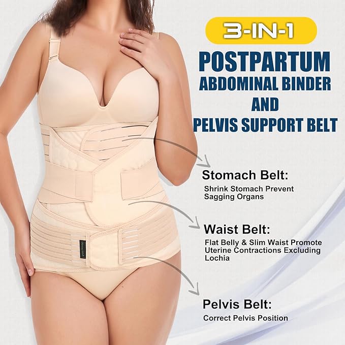 ChongErfei 3 in 1 Postpartum Support Recovery Belly Wrap Waist/Pelvis Belt Body Shaper Postnatal Shapewear,XL Beige