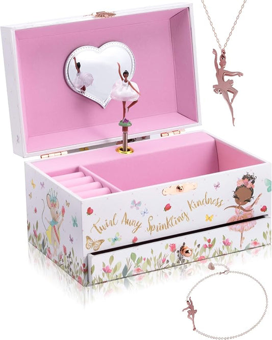 The Memory Building Company Ballerina Musical Jewelry Box, Classic Melody, Storage Organizer Kids Ages 6-12, Wood Construction w/ 2 Compartments
