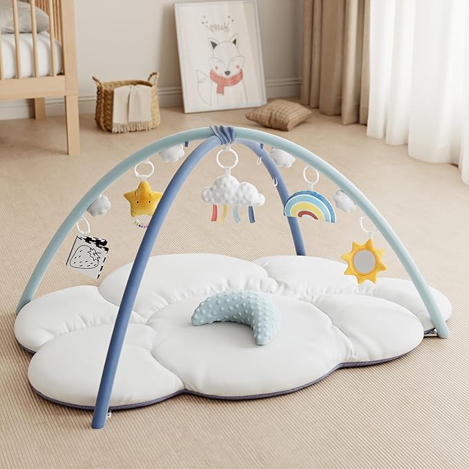 Oversized Baby Play Gym with Extra Thick Baby Play Mat – Cloud-Shaped Design, 5 Detachable Toys & Moon Pillow, Soft & Cushioned for Newborns, Promotes Sensory & Motor Development, Baby Essentials Gift