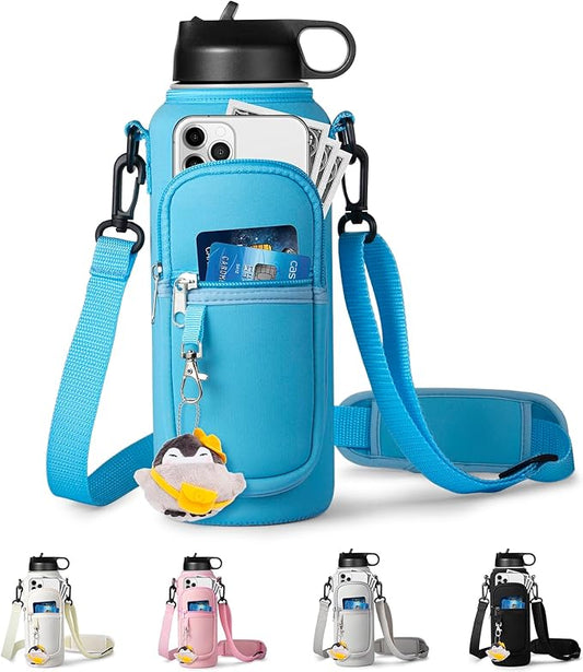 Water Bottle Holder with Strap for Hydroflask 32oz 40oz, Carrier Sling Bag with Phone Pocket Sleeve for Men Women Hiking Camping Travelling