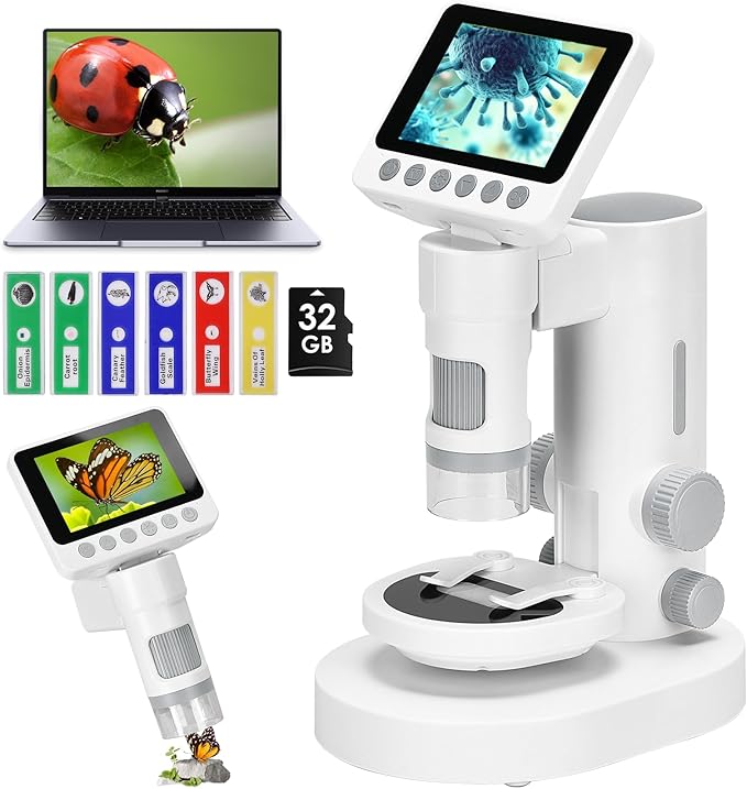 Microscope for Kids with up to 1000X Magnification, 3.5-inch Foldable Color Screen, 2-in-1 USB Microscope with Photo and Video for Classroom Education, Learning and Exploration