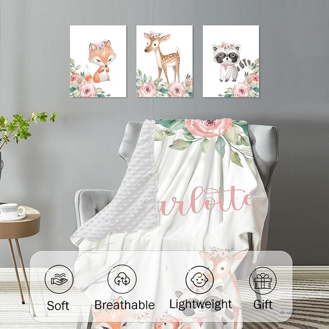 Personalized Nursery Crib Bedding Set: Custom Name 5 Piece Baby Crib Sets with Cute Sika Deer & Fox Pattern - Toddler Double Layer Blanket Set, Comfortable Crib Bed Sheets for Baby Grils