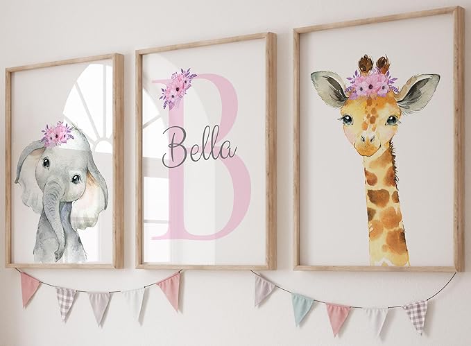 Personalized Safari Animals for Baby Girls Nursery, Set of 3 Unframed Poster Prints, Personalized Name Pink Lilac Floral, Girls Bedroom Decor, Elephant Giraffe (17x22)