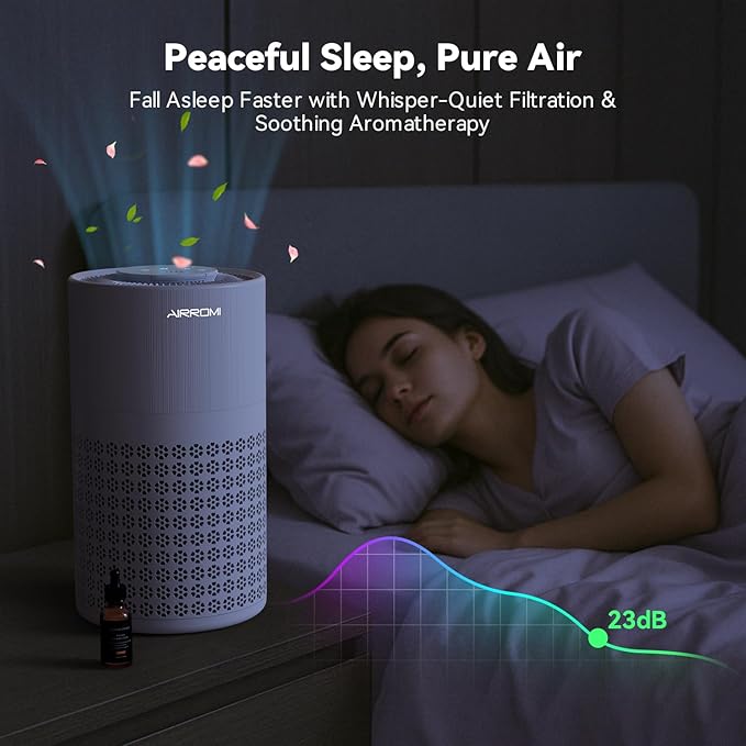 AIRROMI Air Purifier for Bedroom with HEPA 3-in-1 Filter, Pet Air Purifier for Home Cat Pee Smell, Covers Upto 990 Ft², Quiet 360°intake Air Cleaner for Pet Hair,Allergies,Pollen,Smoke A2001 Purple