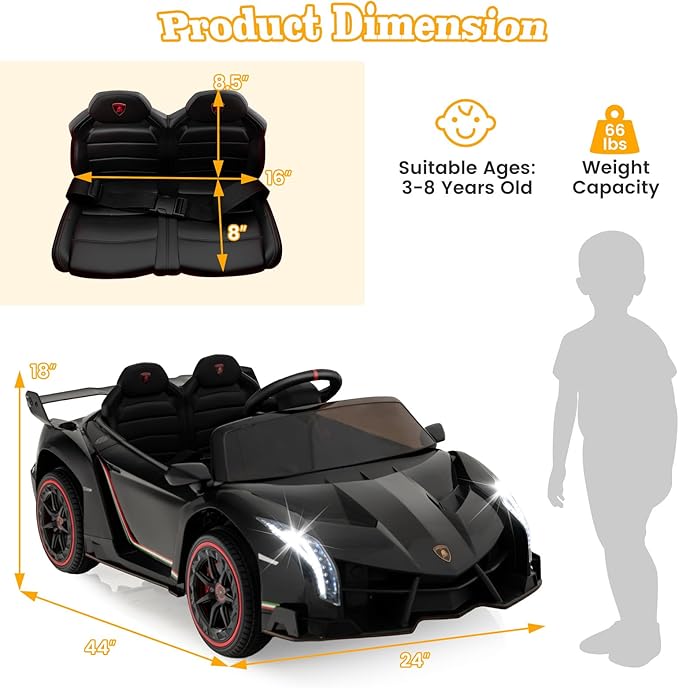 Costzon Ride on Car, Lamborghini Licensed 12V Battery Powered 4WD Sports Car with Remote Control, 3 Speeds, Hydraulic Doors, LED Lights, Towing Wheel, Horn, Music, Electric Vehicle for Kids Aged 3-8