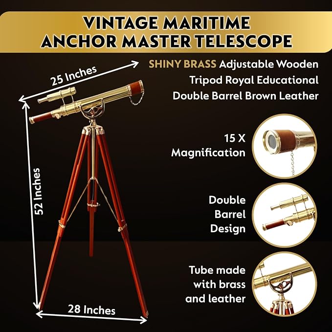 Vintage Maritime Anchor Master Telescope Shiny Brass Adjustable Wooden Tripod Royal Educational Telescopes Double Barrel Brown Leather Nautical Home Decor & Office