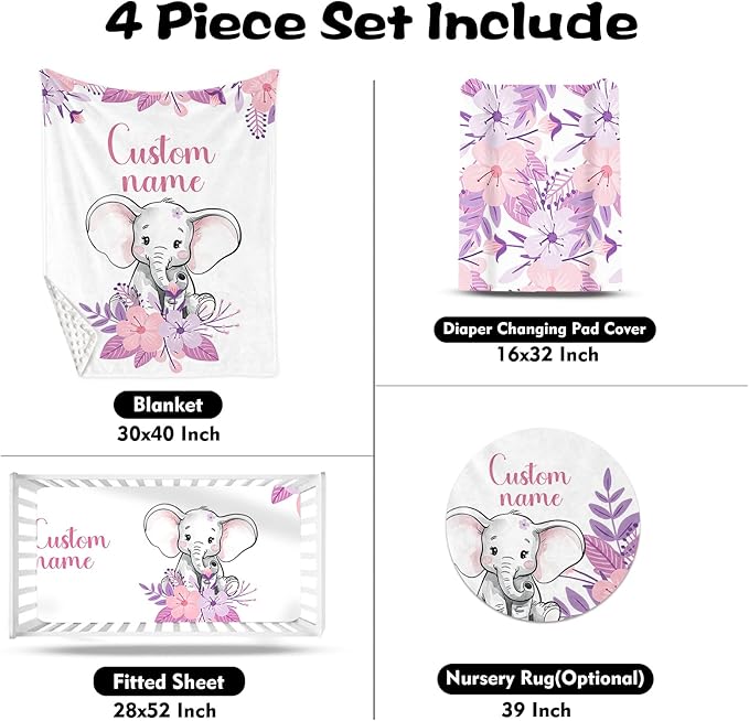 Custom Nursery Crib Bedding Set: Personalized Name 4 Piece Purple Flower Elephant Design Baby Crib Sets for Girls - Toddler Double Layer Blanket Set, Comfortable Crib Bed Sheets for Baby Toddlers