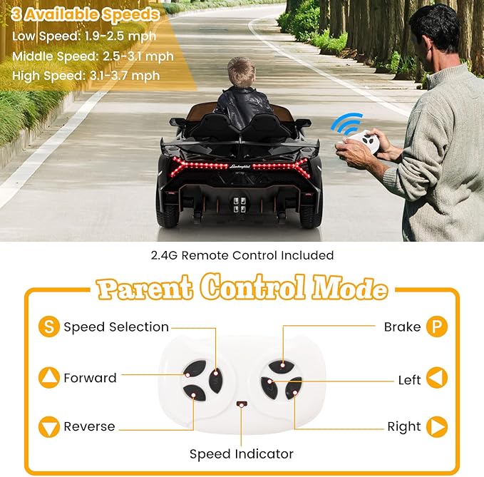 Costzon Ride on Car, Lamborghini Licensed 12V Battery Powered 4WD Sports Car with Remote Control, 3 Speeds, Hydraulic Doors, LED Lights, Towing Wheel, Horn, Music, Electric Vehicle for Kids Aged 3-8