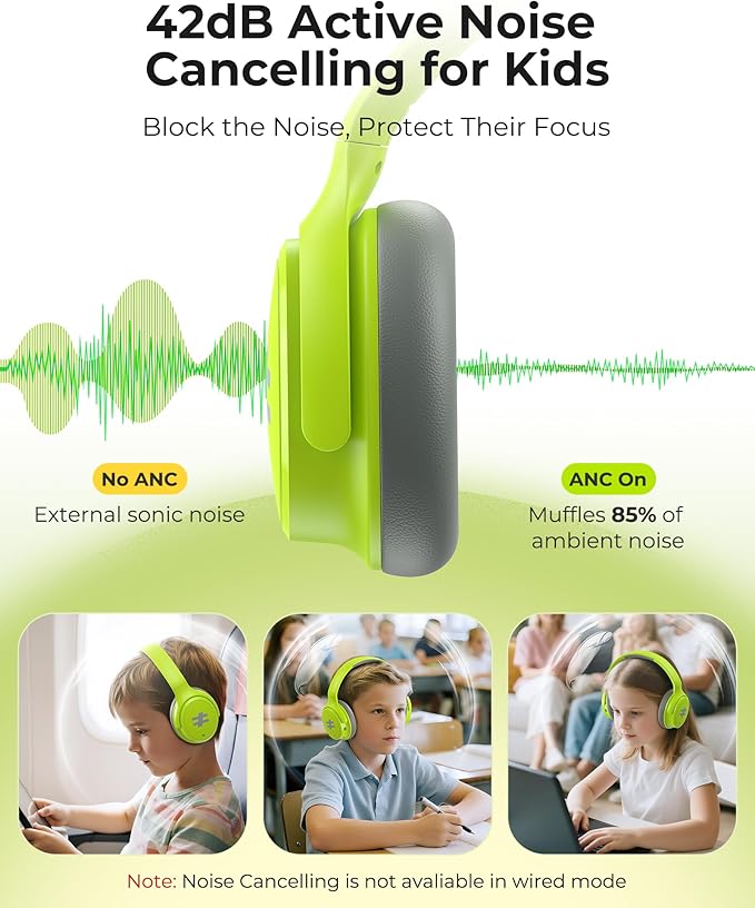 seenda Kids Wireless Active Noise Cancelling Headphones, 60H Playtime, Safe Volume (74/85/94dB), Bluetooth 5.4, Type-C Foldable Headphones with Mic for School, iPad, Airplane, Travel, Green
