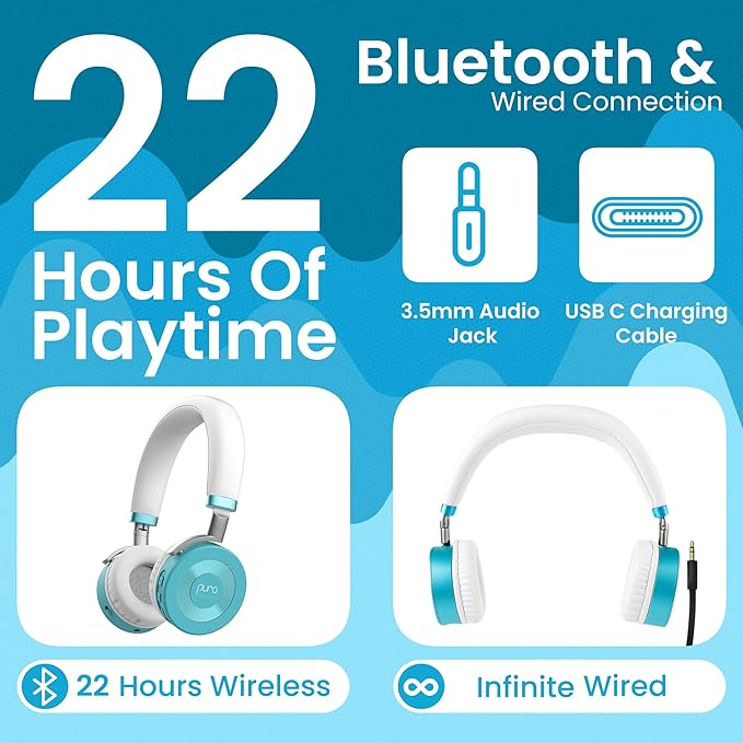 Puro Sound Labs JuniorJam Plus Volume-Limiting Wireless Bluetooth Headphones for Kids, Secure Audio with Adjustable On-Ear Design, 22-Hour Battery, Ideal for Tablets, Smartphones & PCs - Teal