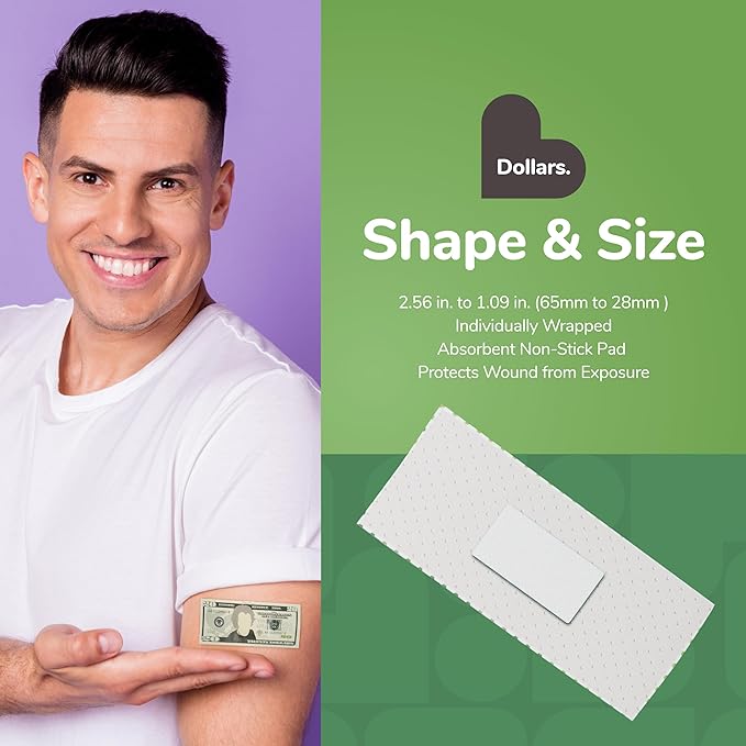 BioSwiss Bandages, Money Shaped Self Adhesive Bandage, Latex Free Sterile Wound Care, Fun First Aid Kit Supplies for Kids, 24 Count