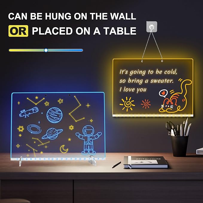 Led Drawing Board with Highlighter 7 Pcs,Led Note Board with Colors,13.7"X10" 6 Modes & 8 Colors Acrylic Dry Erase Board with Light,Doodle Glow Drawing Board,Gift Kids Toy for Home/Office/School