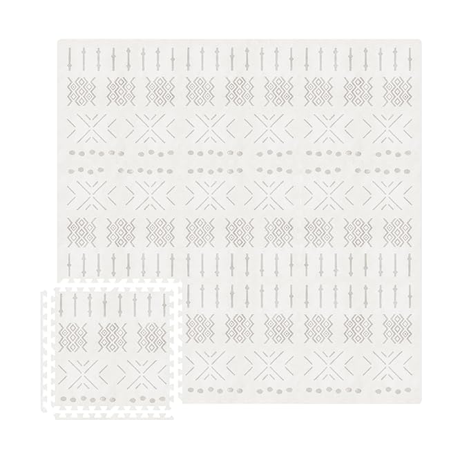 MOON WALKERS Stylish Boho Baby Play Mats for Floor,(6x6ft) Play Mat for Babies and Toddlers, Non-Toxic, Soft, Thick, Tummy Time Mat for Crawling (Extra Large 9 Tiles, Ivory Aztec)