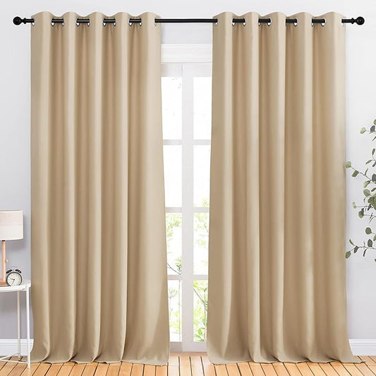 NICETOWN Blackout Draperies Curtains Panels - Window Treatment Thermal Insulated Solid Grommet Blackout Curtains/Panels/Drapes for Bedroom (Biscotti Beige, Set of 2, 66 by 90 Inch)