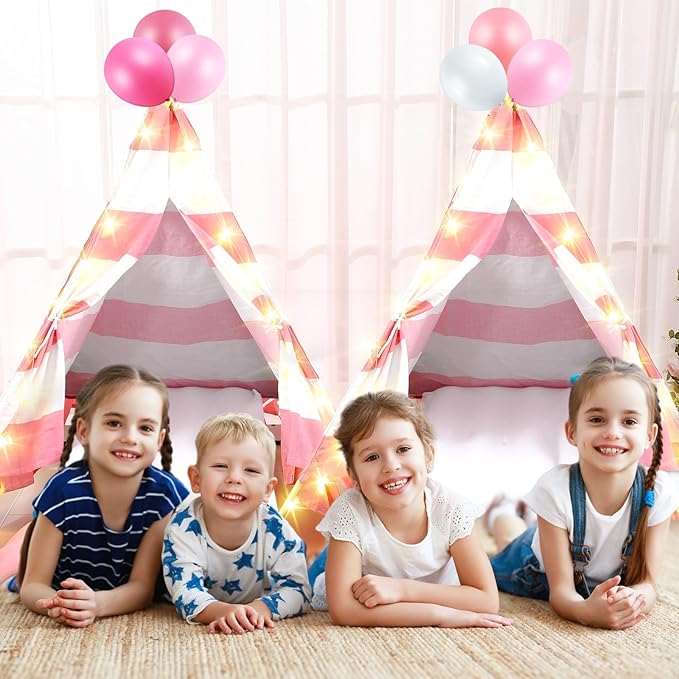 2 Pack Kids Teepee Tent with Mattress,Fitted Sheet,Light String,Washable Natural Cotton Toddler Play Tent for Girls Boys Indoor Outdoor Sleepover Slumber Birthday Party(Pink and White)
