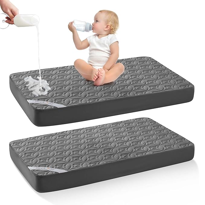 Waterproof Crib Mattress Protector 2 Pack, Soft and Breathable Crib Mattress Pad Cover, Noiseless Machine Washable Toddler Mattress Protector for Standard Baby Toddler Bed (52''x28'',Gray)