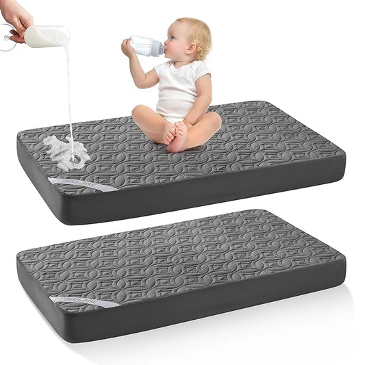 Waterproof Crib Mattress Protector 2 Pack, Soft and Breathable Crib Mattress Pad Cover, Noiseless Machine Washable Toddler Mattress Protector for Standard Baby Toddler Bed (52''x28'',Gray)