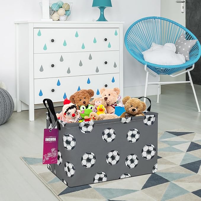 Rectangular Storage Basket Fabric Organizer Bin for Toys,Books,Clothes,Gifts,Pets-Perfect for Home,Office,Nursery,Dorm,Shelf(Rec-grey football )