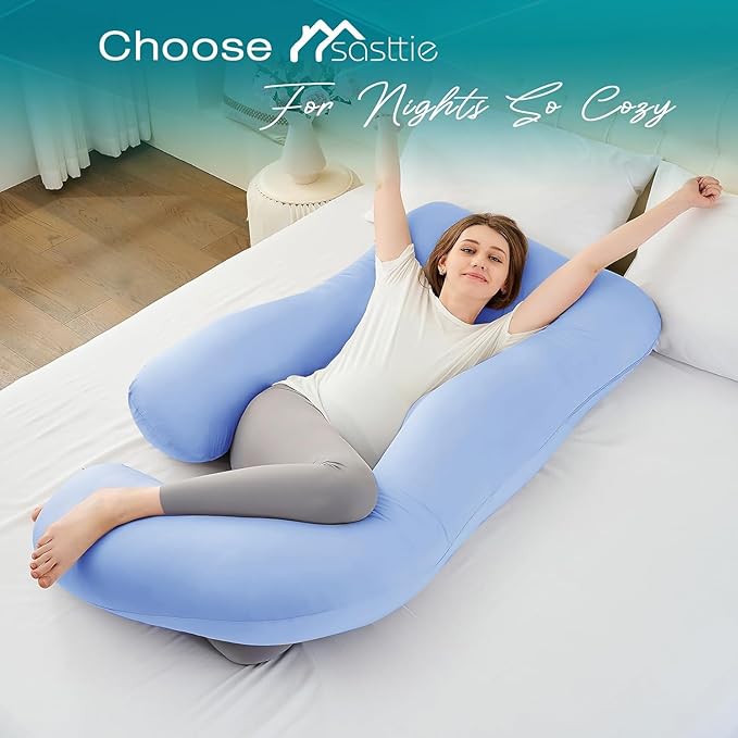 Sasttie Pregnancy Pillows for Sleeping, Jumbo U Shaped Cooling Full Body Pillow with Removable Cover, Pregnant Women Must Haves, Maternity Essential, Light Blue
