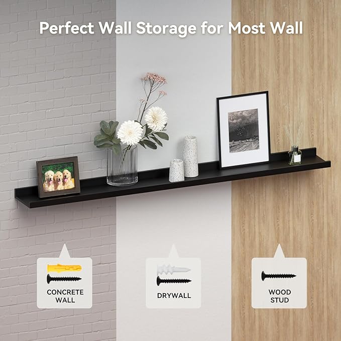 47.2 Inches Long Floating Shelves Wall Mounted, 2 Set Modern Wall Shelf for Bedroom, Nursery Book Shelf with Lip, Picture Ledge Shelf for Wall Decor Living Room Bathroom Kitchen - Black
